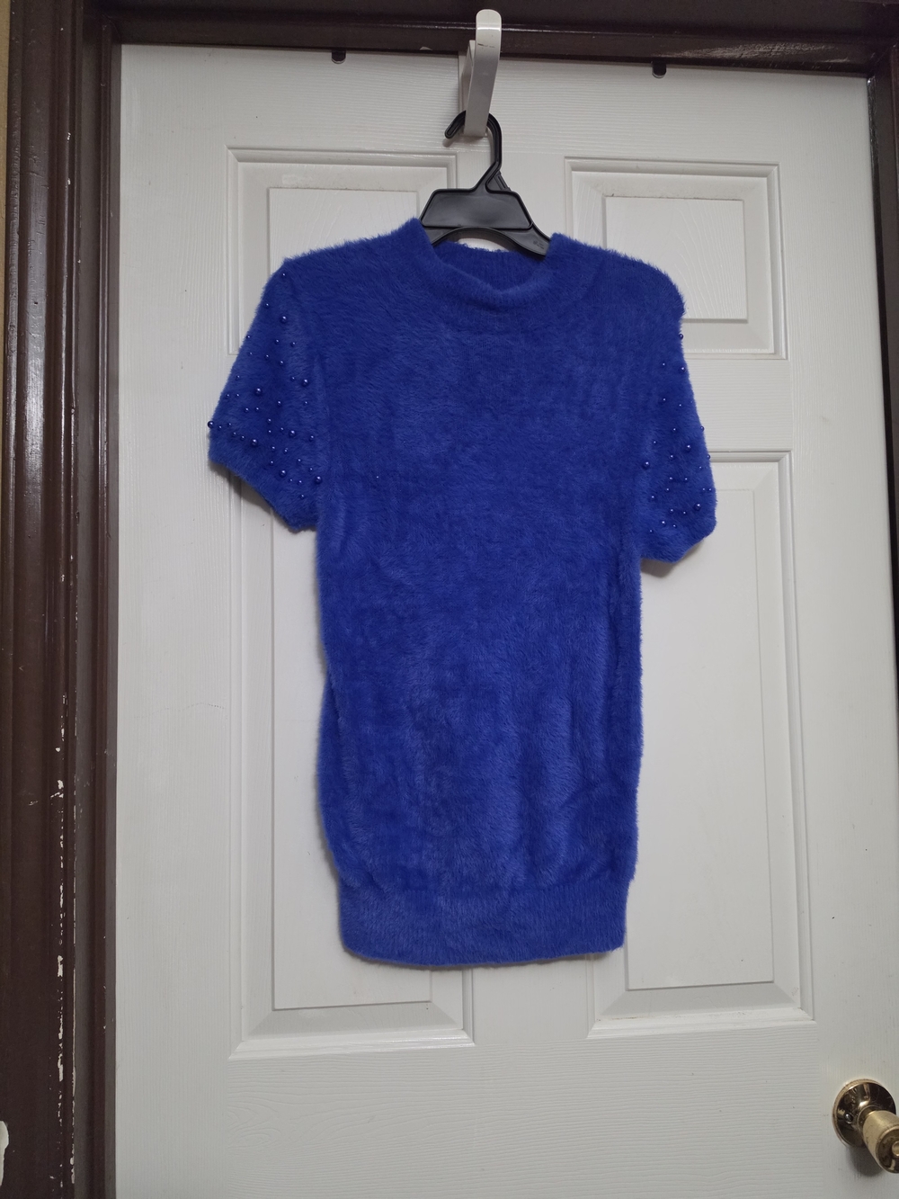 Guess Royal Blue Short-Sleeve Fuzzy Turtleneck Sweater with Beaded Sleeves